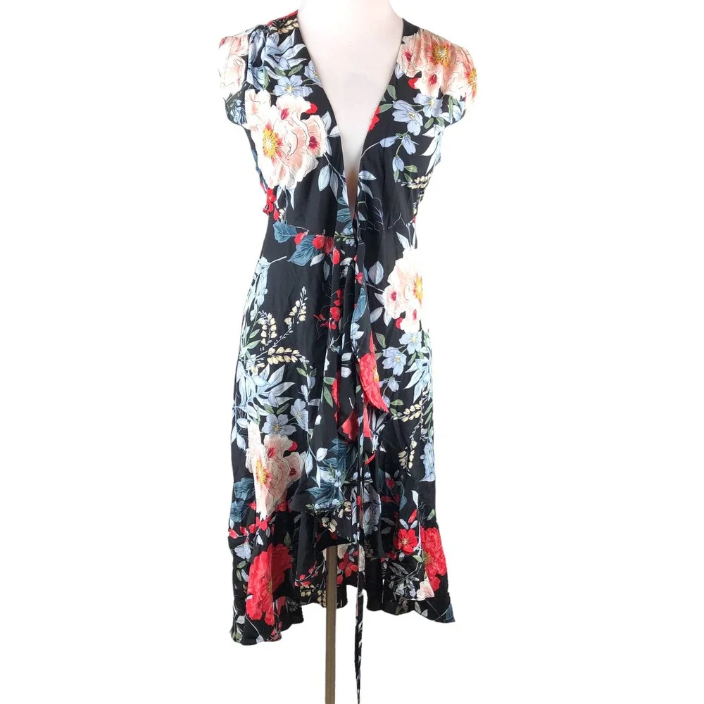 Yumi Kim Anthropologie Silk Floral Mini Wrap Santorini Dress Black Multi Size S - Picture 5 of 12